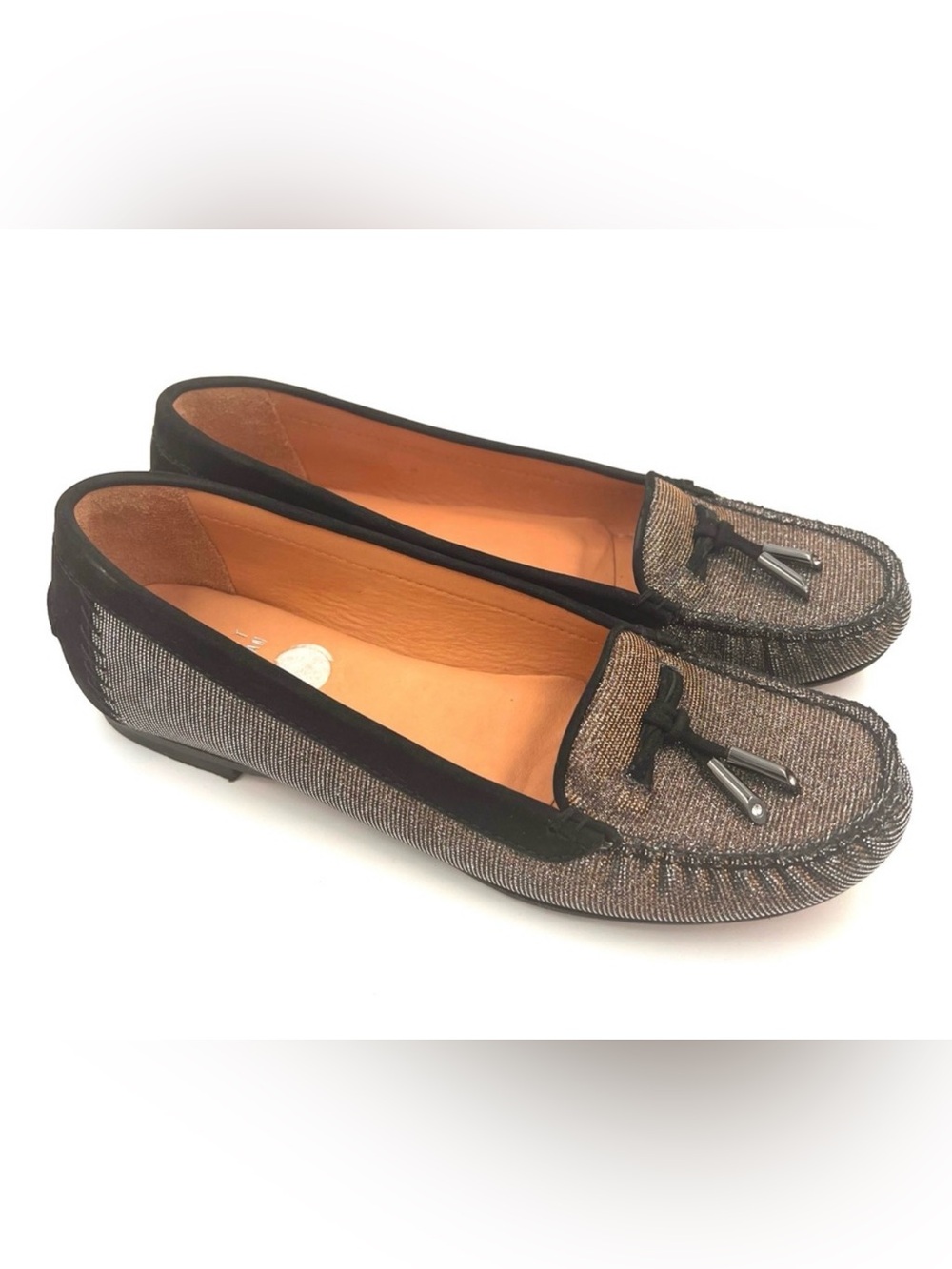 LIKE NEW Stuart Weitzman Moxie Metallic‎ Driving Loafer Black/Gold 6.5M Moccasin